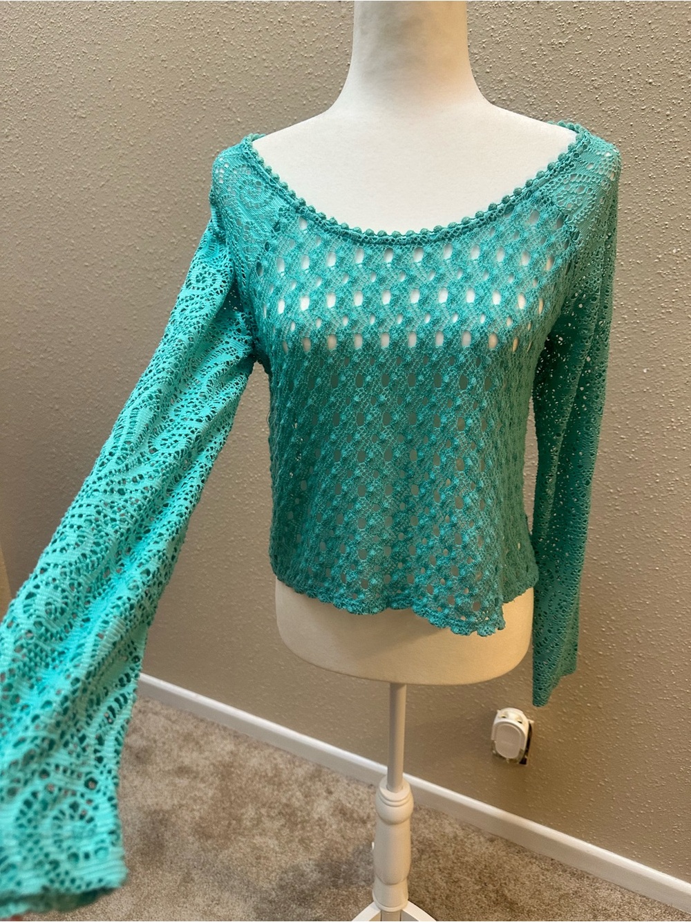 American Rag Open Kit Crochet Lace Sweater Teal Sheer Women’s Sz M Coastal Boho